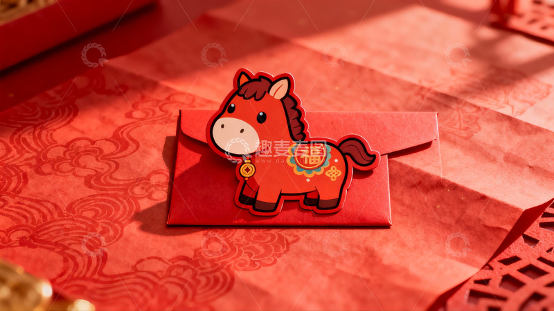 高清大图下载【趣麦麦图】红色红包上的卡通马年装饰