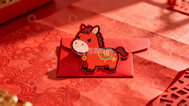 红色红包上的卡通马年装饰