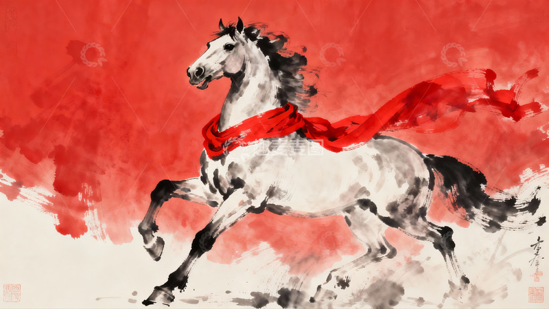 高清大图下载【趣麦麦图】奔腾骏马红绸飘扬
