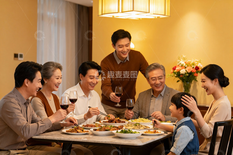 高清大图下载【趣麦麦图】三代同堂家庭聚餐温馨场景