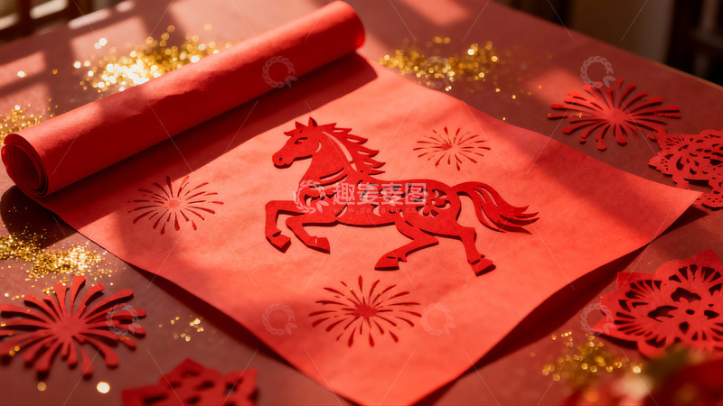 高清大图下载【趣麦麦图】红色剪纸马与烟花装饰
