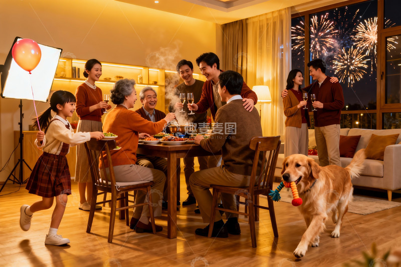 高清大图下载【趣麦麦图】家庭聚餐烟花夜