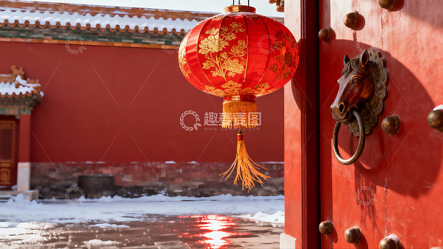 红墙雪地灯笼马头门环