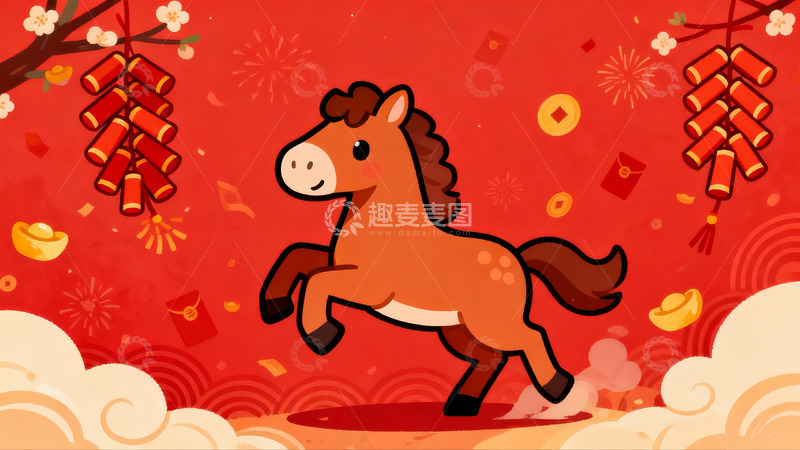 高清大图下载【趣麦麦图】红色背景卡通马奔腾图