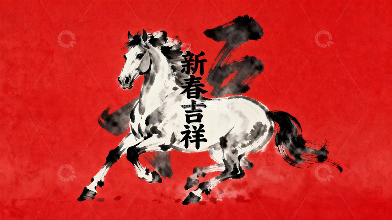 高清大图下载【趣麦麦图】红色背景奔马图寓意新春吉祥
