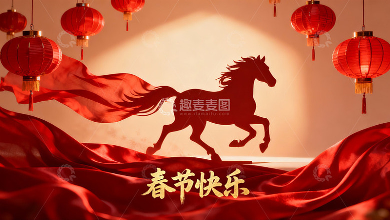 春节马年红灯笼剪影