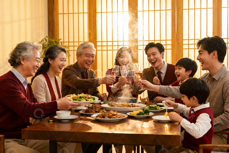 高清大图下载【趣麦麦图】三代同堂家庭聚餐温馨场景