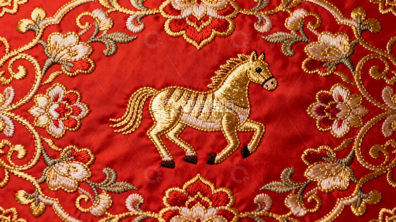 高清大图下载【趣麦麦图】红色刺绣布上的金色马图案