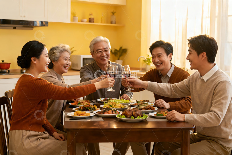 高清大图下载【趣麦麦图】三代同堂家庭聚餐举杯欢庆