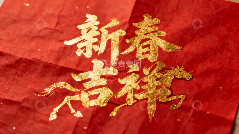 高清大图下载【趣麦麦图】新春吉祥红色纸张上的金色书法