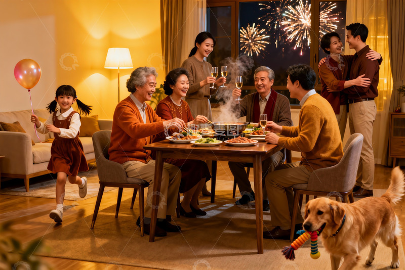 高清大图下载【趣麦麦图】家庭聚餐欢庆夜景