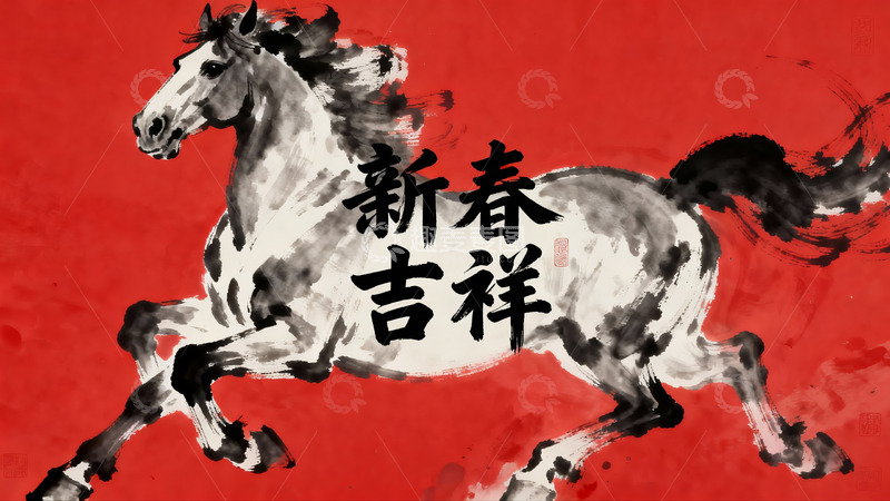 高清大图下载【趣麦麦图】水墨奔马迎春图