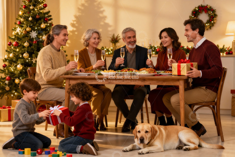 高清大图下载【趣麦麦图】圣诞家庭聚餐温馨场景