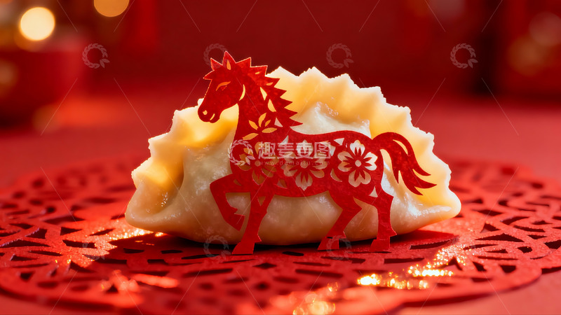 高清大图下载【趣麦麦图】饺子配红色剪纸马