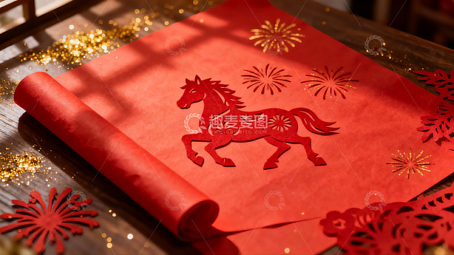 红色剪纸马与烟花装饰