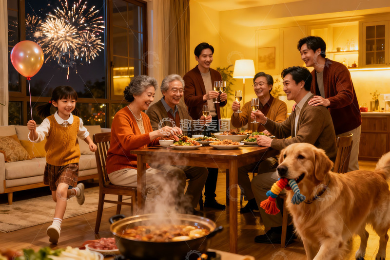 高清大图下载【趣麦麦图】家庭聚餐烟花夜