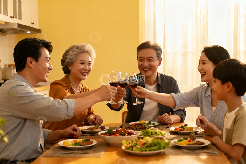 高清大图下载【趣麦麦图】三代同堂家庭聚餐举杯欢庆