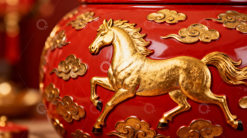 高清大图下载【趣麦麦图】红色马纹装饰罐特写