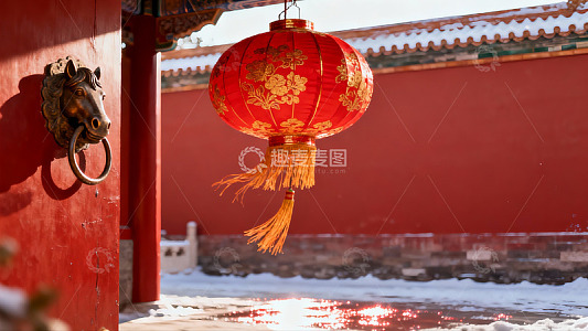 红墙金饰灯笼雪景