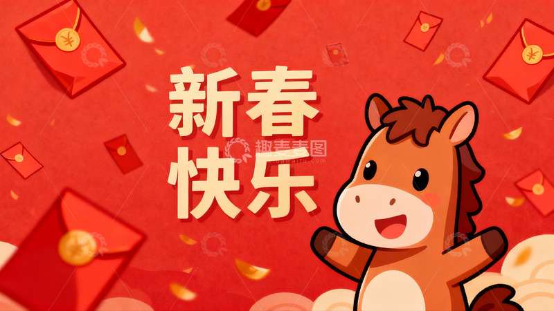 高清大图下载【趣麦麦图】卡通马迎新春红包飘