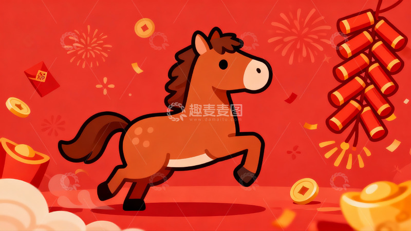 高清大图下载【趣麦麦图】红色背景卡通骏马奔腾图