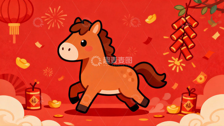 卡通马年春节喜庆插画