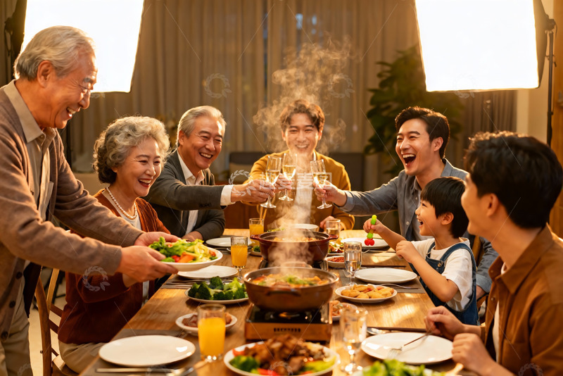 高清大图下载【趣麦麦图】三代同堂家庭聚餐温馨场景