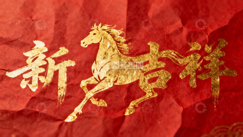 高清大图下载【趣麦麦图】红色纸张上的金色马年祝福