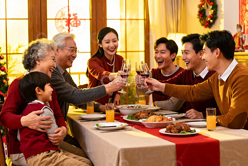 高清大图下载【趣麦麦图】家庭聚餐欢庆节日温馨场景