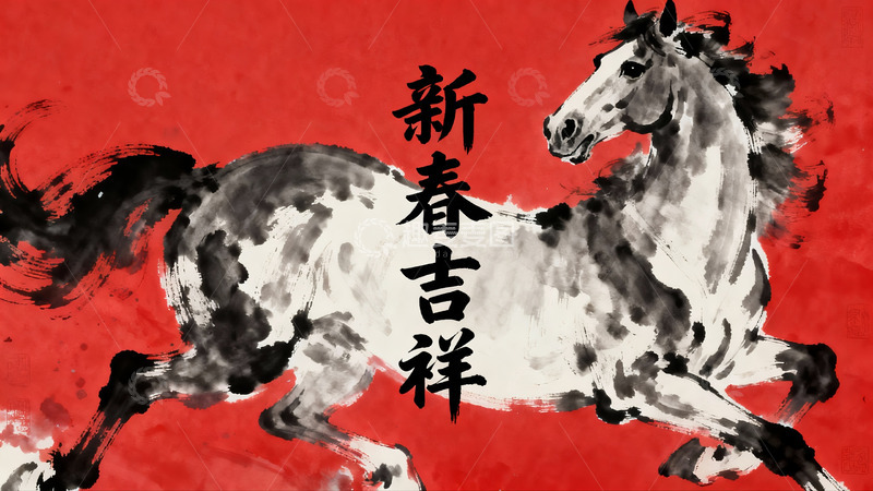 高清大图下载【趣麦麦图】水墨奔马迎新春