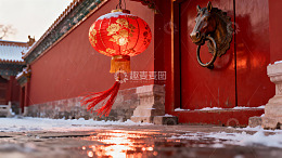 雪中红灯笼映古门