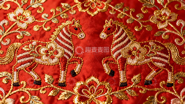 红色刺绣布料上的马纹图案