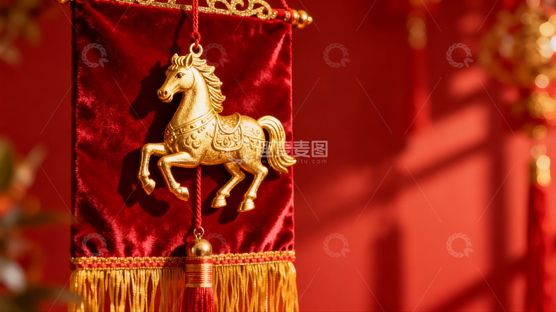 高清大图下载【趣麦麦图】-红色布幔上的金色马挂饰