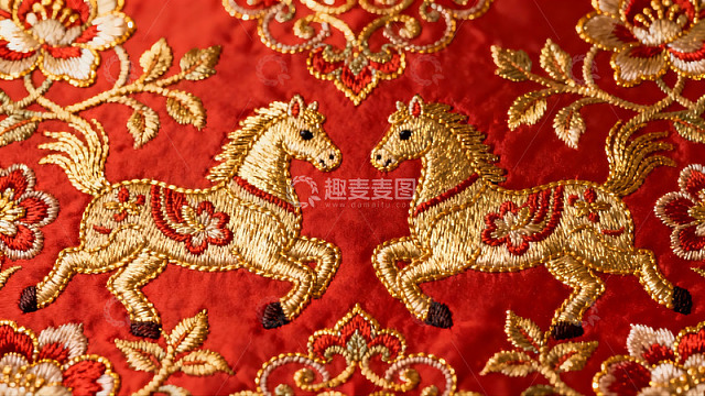 红色刺绣布料上的金色马匹图案