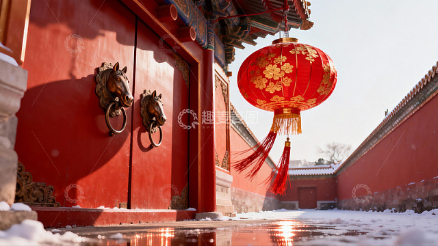雪中红门灯笼古建筑