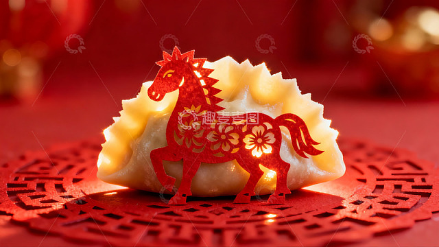 剪纸马与饺子的红色新年装饰