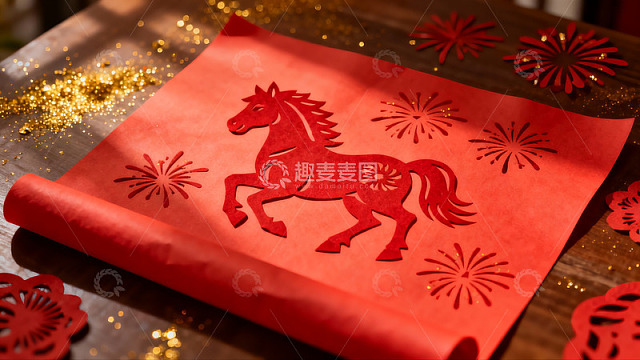 红色剪纸马与烟花装饰