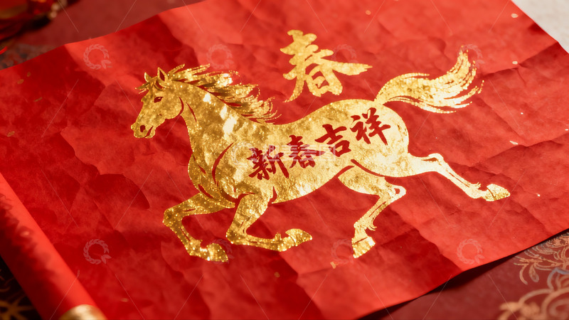 高清大图下载【趣麦麦图】红色纸张上的金色马年春联