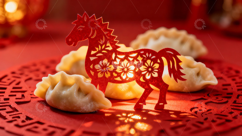 高清大图下载【趣麦麦图】春节饺子与剪纸马装饰