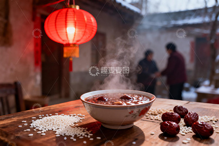 热气腾腾的粥配红枣与红灯笼