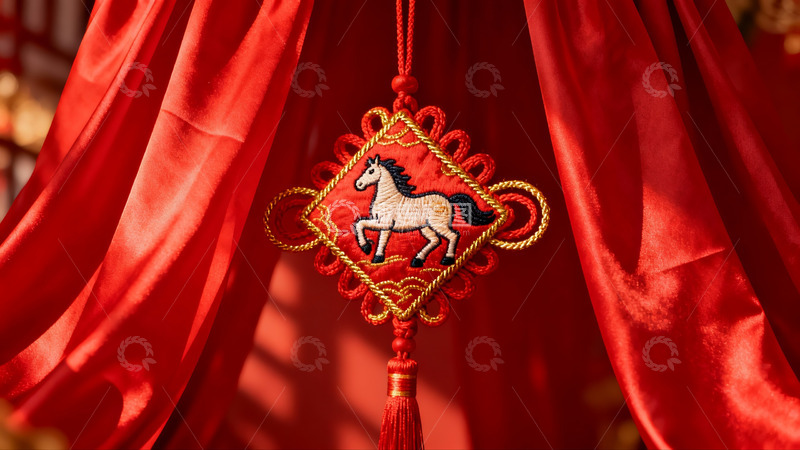 高清大图下载【趣麦麦图】红色绸缎上的马形刺绣挂饰
