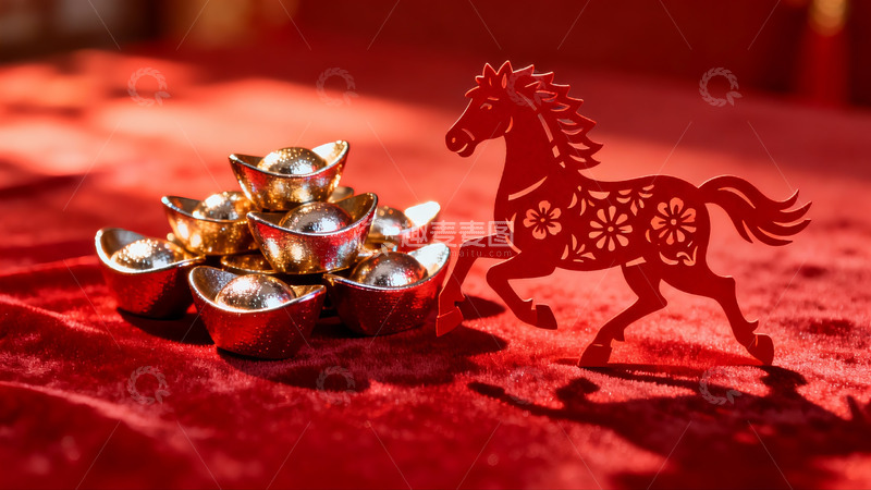 高清大图下载【趣麦麦图】红色布上金元宝与马形剪纸
