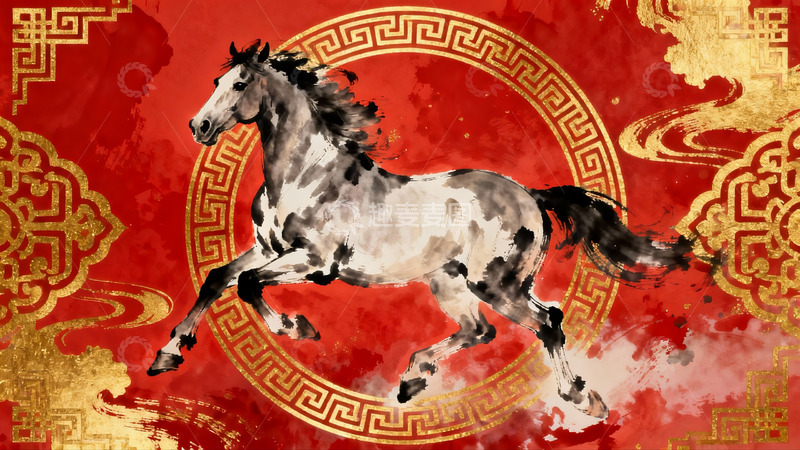 高清大图下载【趣麦麦图】奔腾骏马水墨画艺术作品
