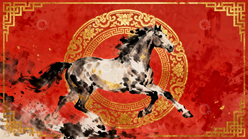 高清大图下载【趣麦麦图】水墨奔马图红色背景