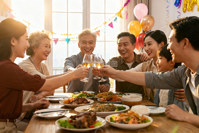 高清大图下载【趣麦麦图】家庭聚餐欢庆举杯