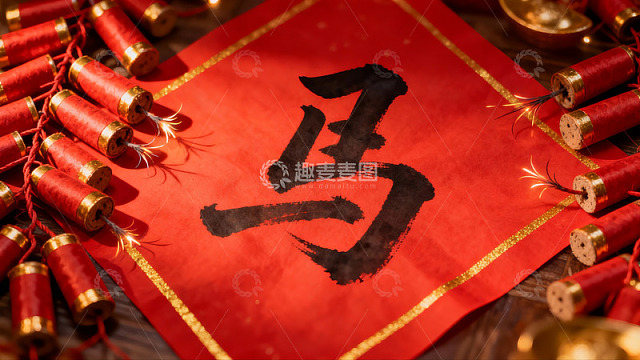 春节红色纸张与鞭炮特写