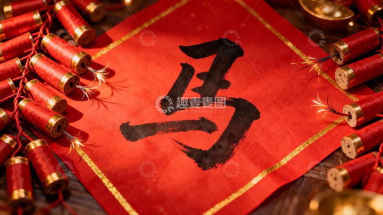 春节红色纸张与鞭炮特写