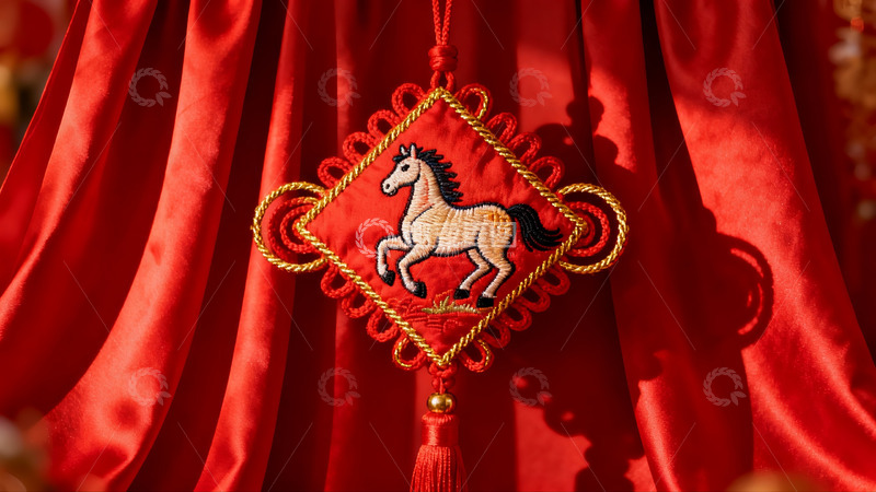 高清大图下载【趣麦麦图】红色绸缎上的马形刺绣挂饰