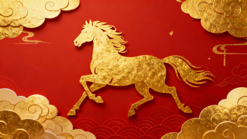 金色骏马跃动祥云红背景