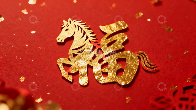 红色背景上的金色剪纸马